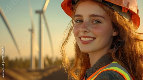 Wind turbine technician smiling in renewable energy field construction site portrait photography bright evening optimistic outlook