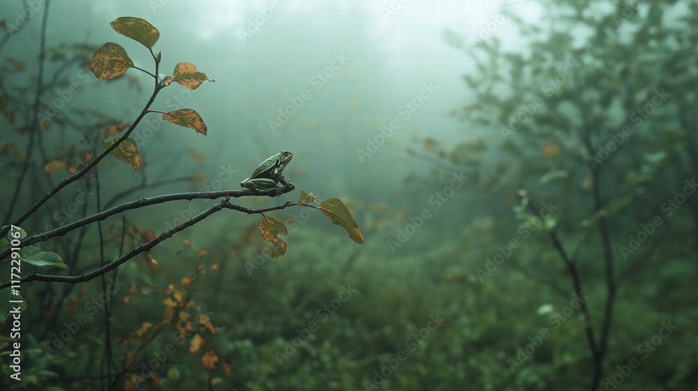 Naklejka premium Frog on a Branch in a Misty Forest