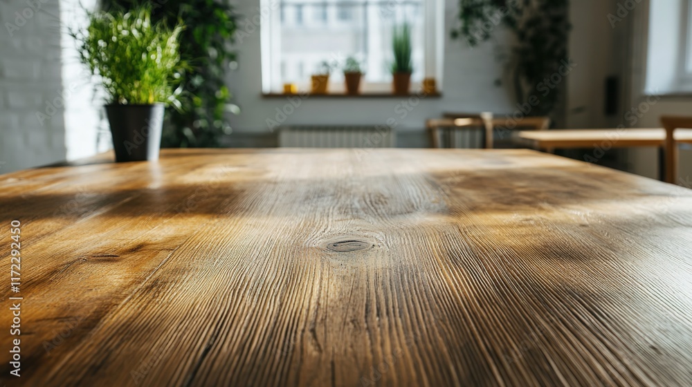 Fototapeta premium Sunlit Wooden Table with Plants in Cozy Interior Setting