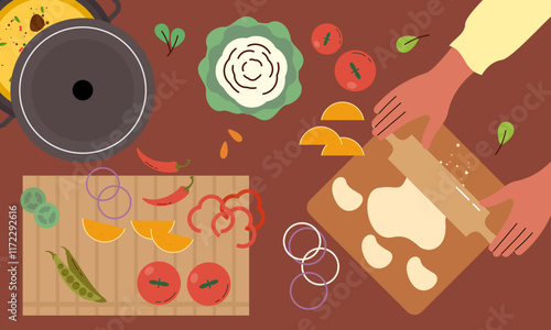 Food cooking top view. Sign or poster for restaurant menu with dish cook. Chef cooking at kitchen with meal ingredients