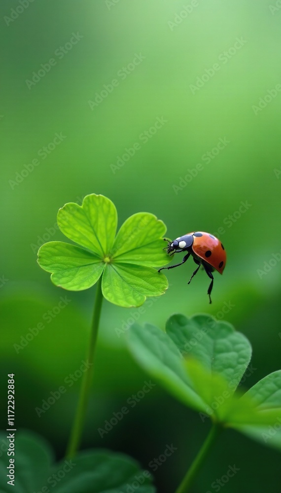 Fototapeta premium Ladybug exploring four-leaf clover in morning fog, small, mist, natural
