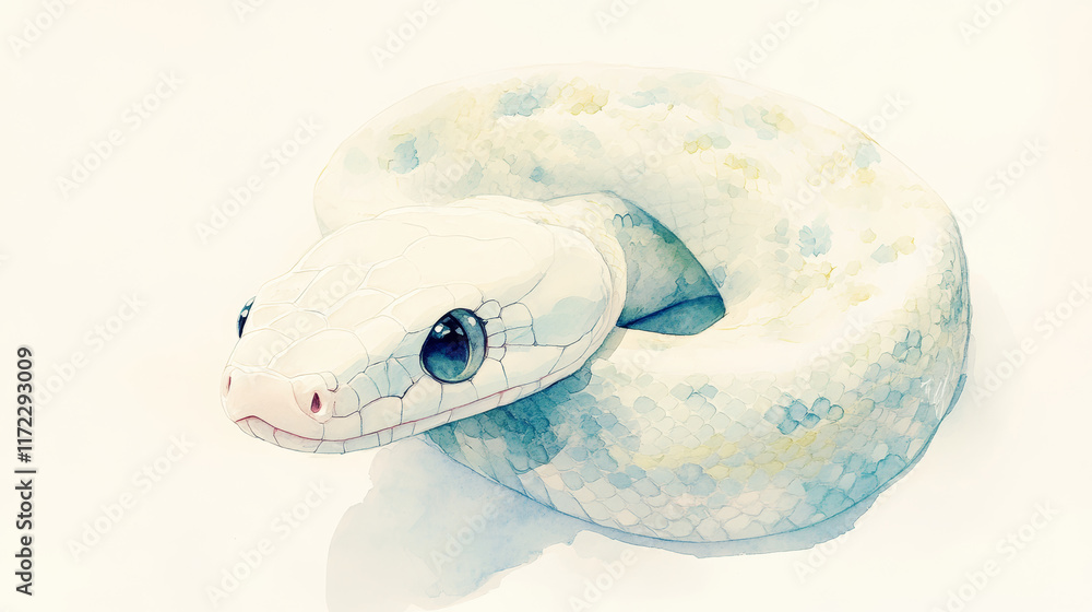 Fototapeta premium charming watercolor depiction of white snake with large eyes