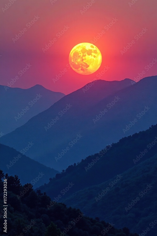 Full moon rising over a mountain range at dawn, sunrise, horizon Full moon rising over a mountain range at dawn, sunrise, horizon