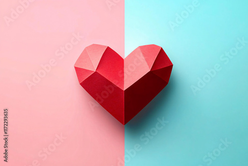 Wallpaper Mural A dimensional red paper heart on a pastel blue and pink background, perfect for Valentine’s Day cards, romantic events, and love-themed promotions. Torontodigital.ca