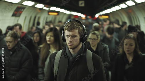 A solitary individual with headphones peacefully navigating through a busy underground train station filled with diverse people in close proximity during rush hour