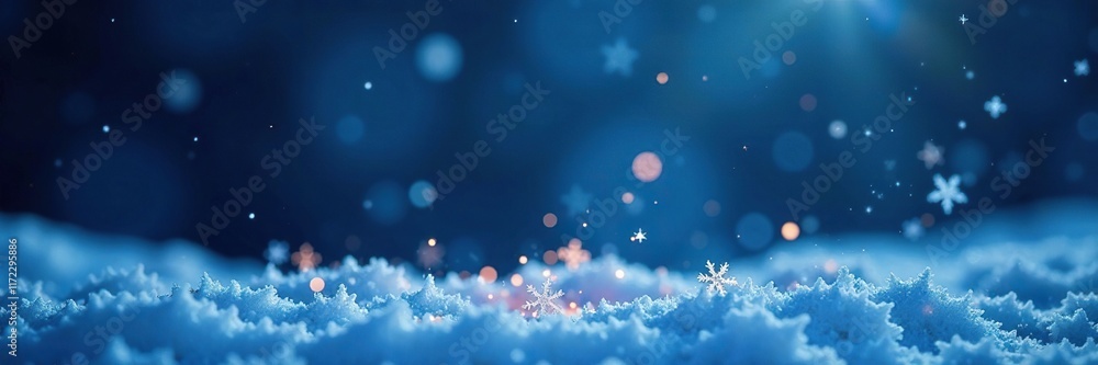 Naklejka premium Delicate snowflakes fall on a dark blue background as a single light shines bright, winter, light