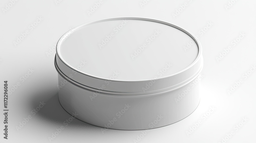 A simple, round white tin container with a smooth surface and no visible label. A simple, round white tin container with a smooth surface and no visible label.