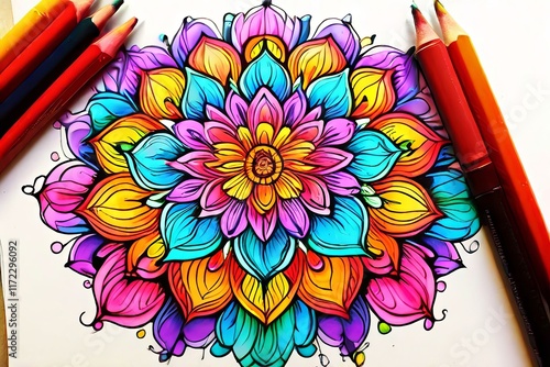 marker drawing of a colorful mandala design