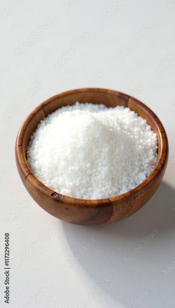 Wooden bowl filled with sugar on white surface, tabletop, rustic Wooden bowl filled with sugar on white surface, tabletop, rustic