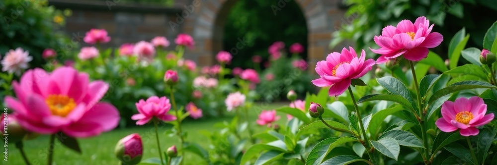 Colorful peonies in a lush garden with a stone wall, garden, verdant, floral Colorful peonies in a lush garden with a stone wall, garden, verdant, floral