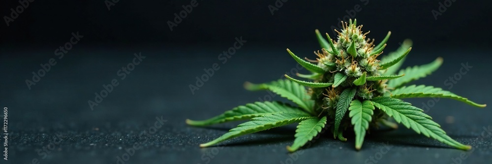 Single piece of cannabis herb on dark background, pot, cannabinoid