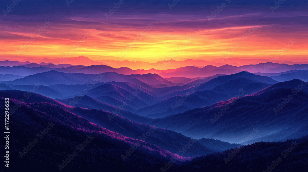 Fototapeta premium Vibrant mountain sunrise over misty valley
