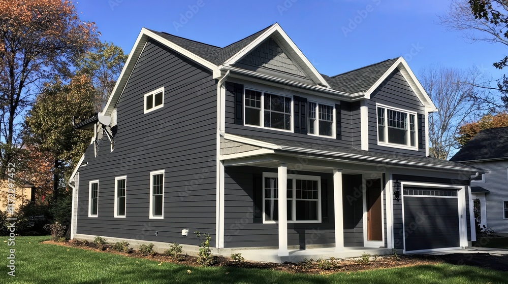 Colonial-style gutter system with ventilated soffit and gray vinyl siding. Colonial-style gutter system with ventilated soffit and gray vinyl siding.