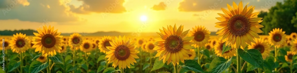 Fototapeta premium sunflowers follow the sun in a light green field, field, blooming, foliage