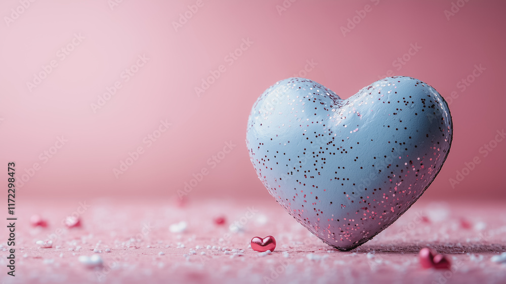 Obraz premium Blue glittery heart on a soft pink background