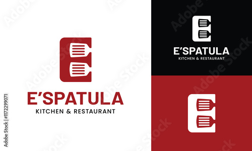 Letter Initial E Spatula Logo Design Template. Suitable for Restaurant Kitchen Bistro Cafe Catering Eatery Grill Barbeque or Chef Cook Kitchener Food Blogger Business Brand Company Logo Design