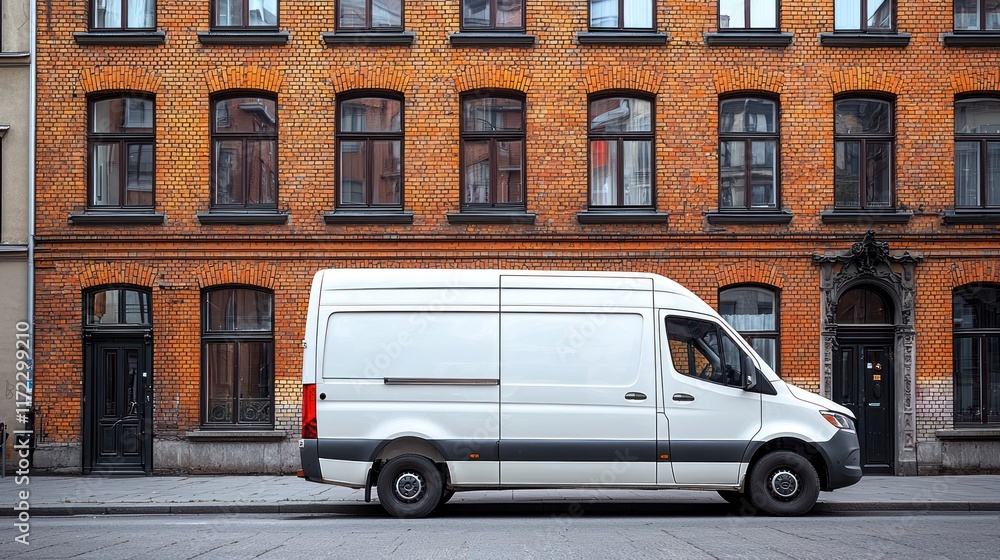 Delivery van parked by a brick building. Delivery van parked by a brick building.