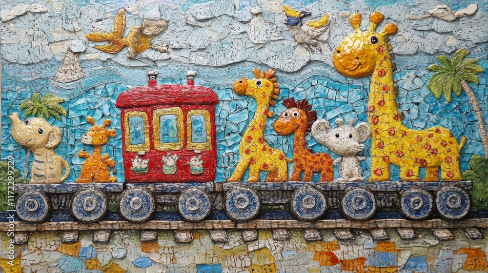 Fototapeta premium Colorful Animal Train Illustration Featuring Playful Giraffes, Elephants, and Monkey in Cheerful Setting with Bright Sky and Vibrant Background
