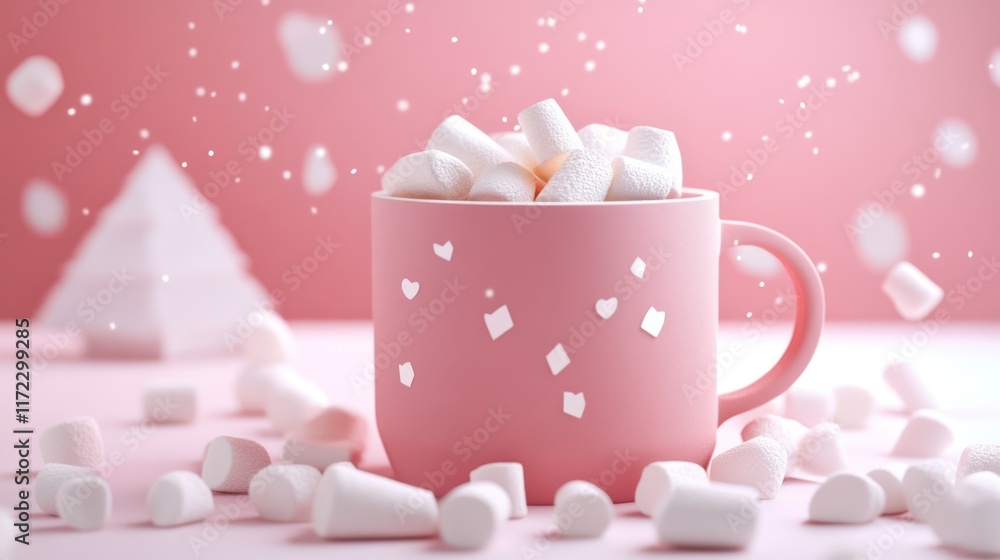 Hot Cocoa: A mug of hot cocoa with marshmallows. paper cut Art Style 3d background Hot Cocoa: A mug of hot cocoa with marshmallows. paper cut Art Style 3d background