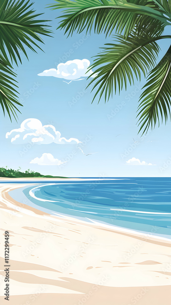 Fototapeta premium Tropical beach scene Palm trees frame a tranquil ocean view, perfect for travel brochures or summer vacation websites.