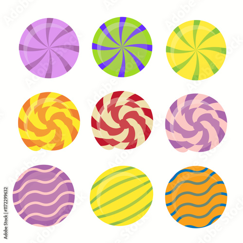 Candies, lollipop, sugar caramel and twisted marshmallow. Vector set of sweets, spiral lollypops, striped bonbons isolated on white background