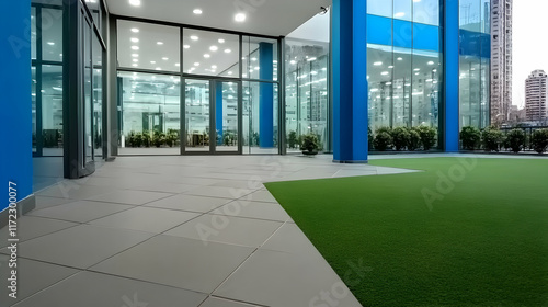 Modern building entrance with artificial turf, glass walls, and city view; ideal for corporate or real estate use.