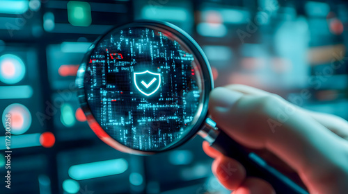 Hand Holding Magnifying Glass Over Digital Shield Symbol Illustrating Data Protection and Cybersecurity Concept with Technology Background