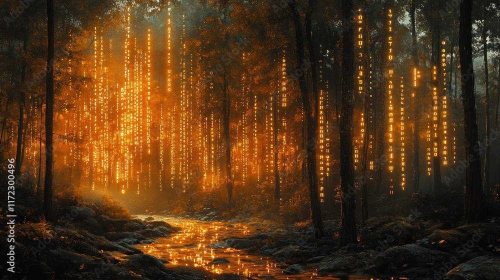 Fototapeta premium Mystical forest with glowing vertical lights and a calm stream
