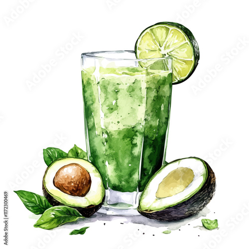 A watercolor vector painting of an Avocado Coconut Juice, isolated on a white background. Avocado Coconut Juice vector.

