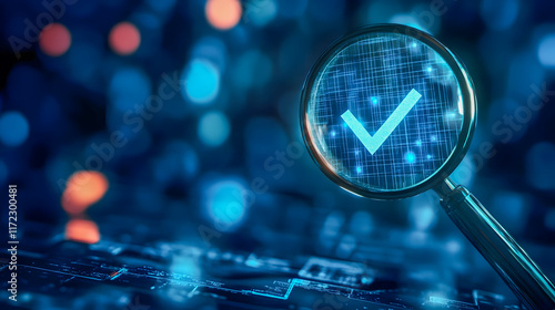 Magnifying glass overcheckmark symbol on digital background representing verification, success, and technology in modern computing