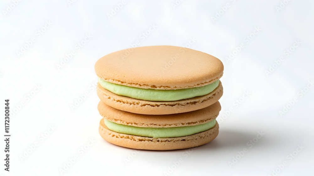 Two pastel-colored macarons with light green cream filling on a white background. Ideal for food blogs or bakery websites. Two pastel-colored macarons with light green cream filling on a white background. Ideal for food blogs or bakery websites.