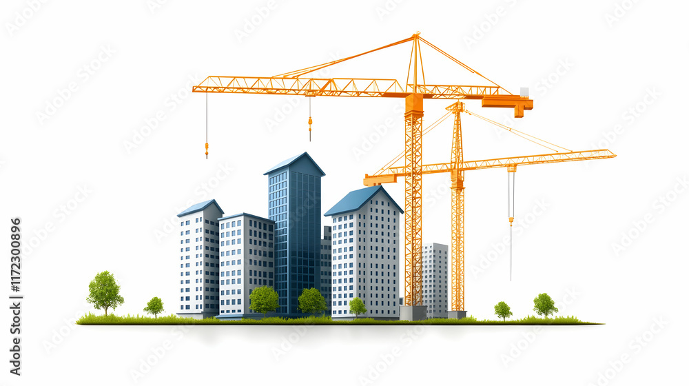 Obraz premium Construction site with cranes building modern city skyline, green space; perfect for real estate, architecture, and urban development projects.