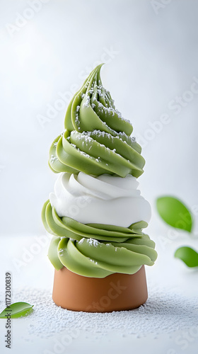 Matcha and vanilla soft serve ice cream dessert in a terracotta cup, garnished with sugar, minimalist white background, perfect for food blogs or dessert menus. photo