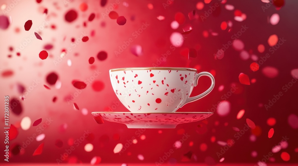 A Teacup with Red Hearts Amidst Falling Petals A Teacup with Red Hearts Amidst Falling Petals