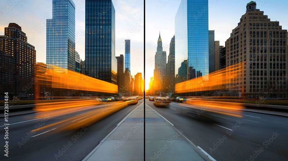Naklejka premium Urban Sunset with Skyscrapers and Motion Blur Effects at Dusk