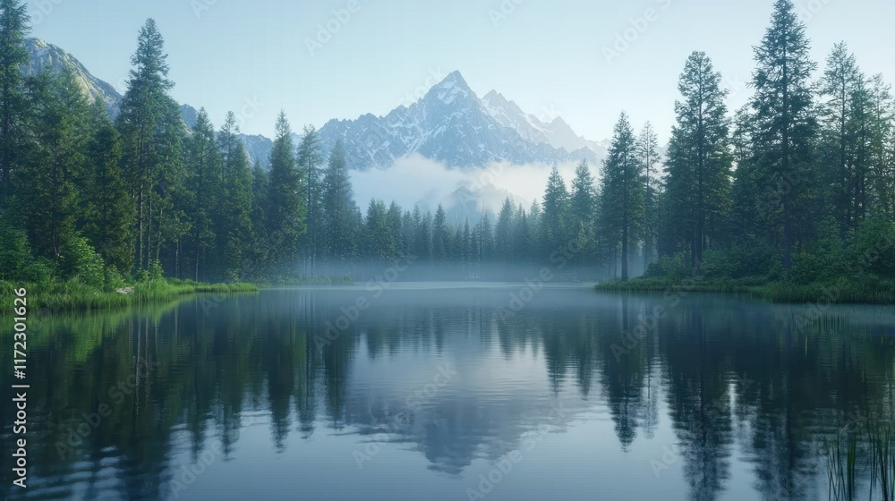 Calm lake, trees, mountains reflect on water.