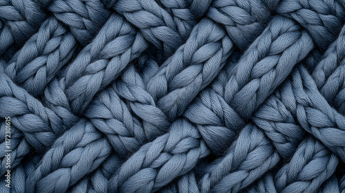 Close-up textured chunky knit wool fabric, blue weave pattern background, ideal for textile websites.