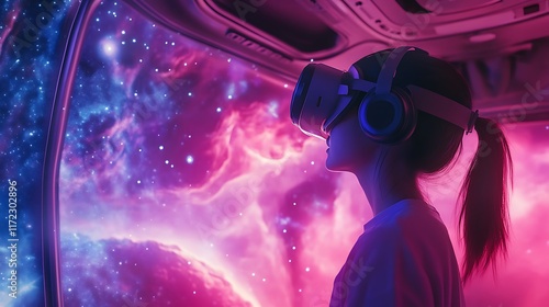 A conceptual scene of a girl exploring a cosmic VR world, with swirling stars and nebulae adding to the immersive atmosphere photo