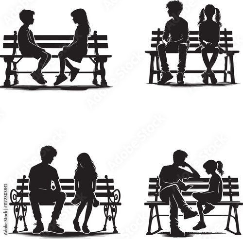 Boy and girl sit together  black and white silhouette assets in vector farm