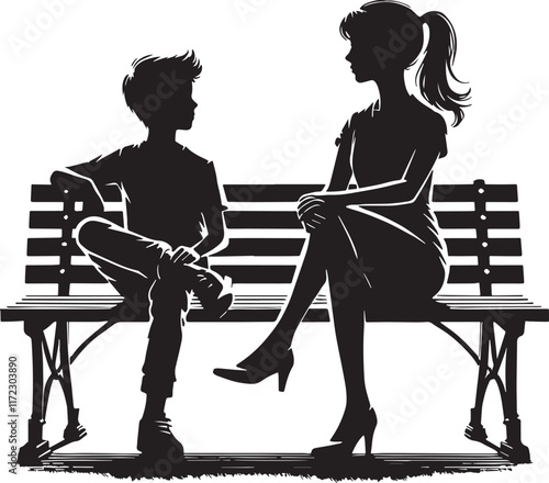 A boy and a girl sit on the bench together  black and white silhouette assets in vector farm photo