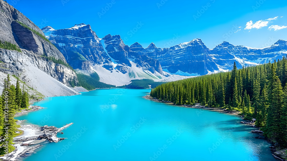 Fototapeta premium Turquoise glacial lake nestled in Canadian Rockies, sunny day, evergreen forest, mountain backdrop; perfect for travel brochures.