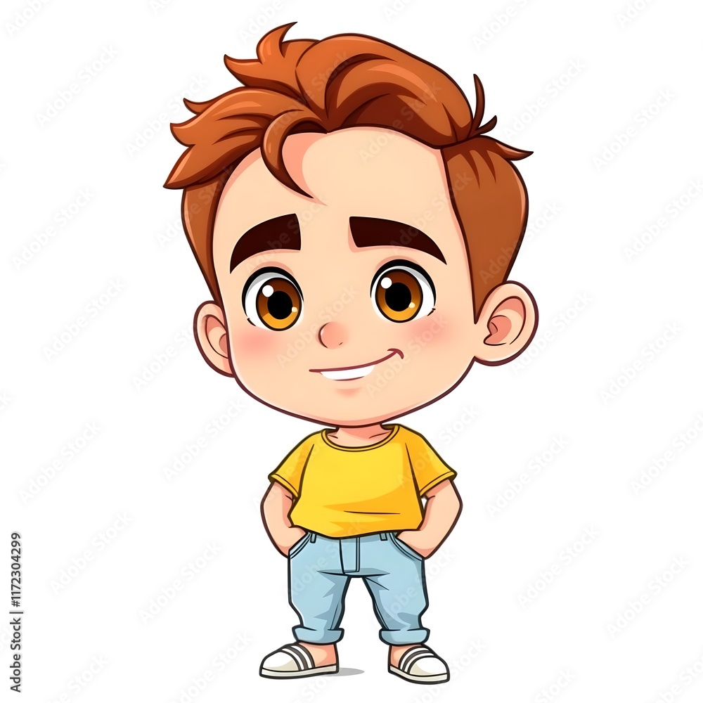 Adorable Cartoon Boy with Brown Hair, Yellow Shirt and Light Blue Jeans Standing with Hands in Pockets Adorable Cartoon Boy with Brown Hair, Yellow Shirt and Light Blue Jeans Standing with Hands in Pockets