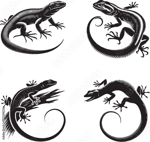 Lizards black and white silhouette assets in vector farm