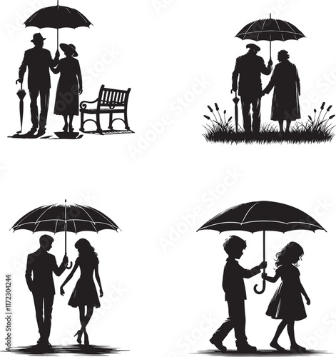 Couples under the umbrella   black and white silhouette assets in vector farm 