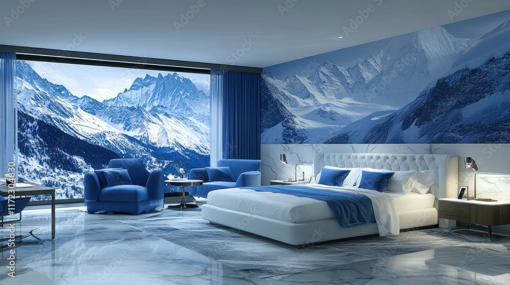 Luxurious mountain view hotel suite, night Luxurious mountain view hotel suite, night