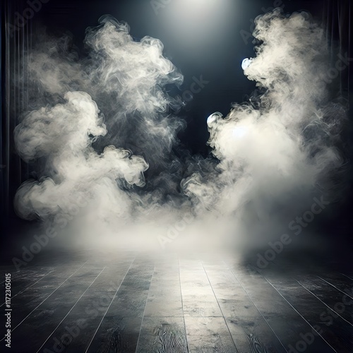 A dark background sets stage for an atmospheric stock photo, featuring an empty floor shrouded in billowing smoke, creating a sense of mystery and intrigue