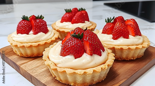 Delicious strawberry cream tarts on wooden board, kitchen background; perfect for food blogs, recipe websites, and culinary publications. photo