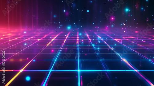 A bright neon-colored, glowing digital grid that combines nostalgia with a contemporary cyber dimension theme photo