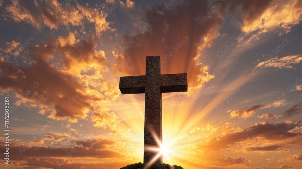 A silhouette of a cross against a radiant sunset, symbolizing hope, faith, and spirituality. A silhouette of a cross against a radiant sunset, symbolizing hope, faith, and spirituality.