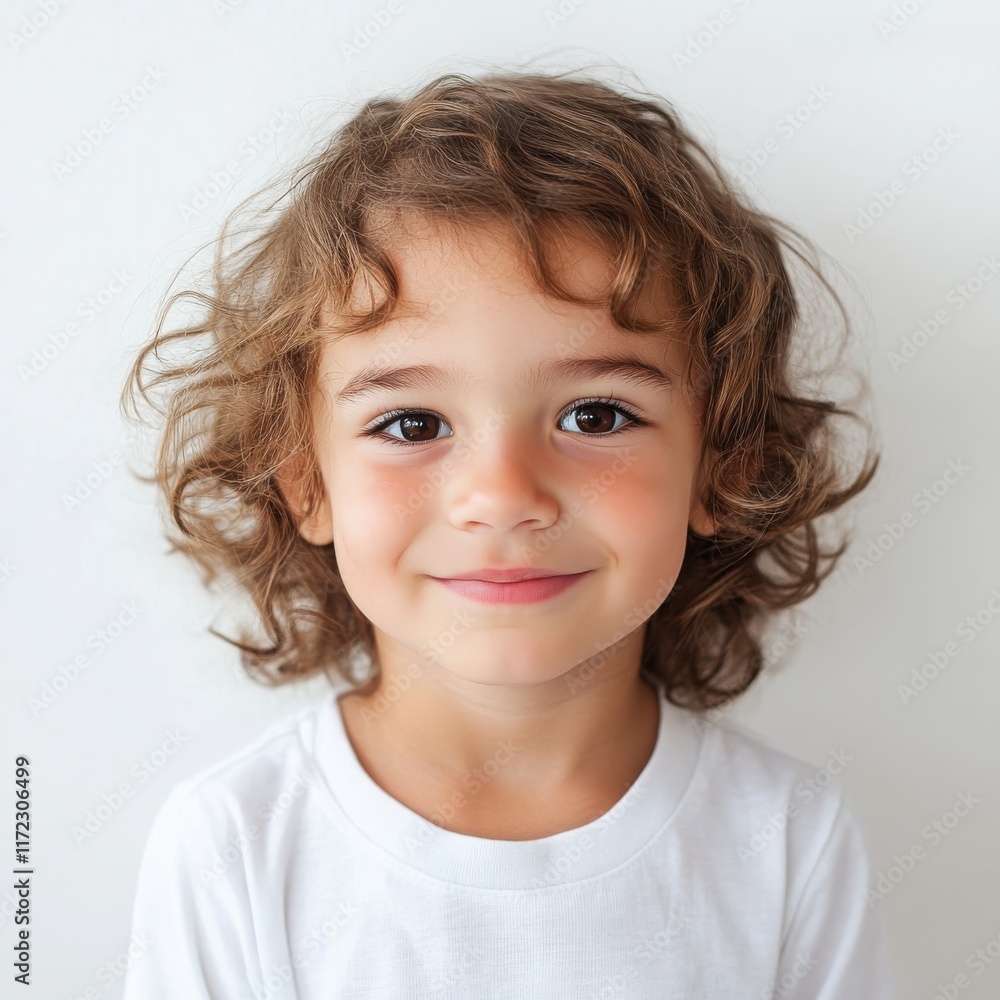 A European child with a shy smile and rosy cheeks, expressing timidity, on a white background A European child with a shy smile and rosy cheeks, expressing timidity, on a white background